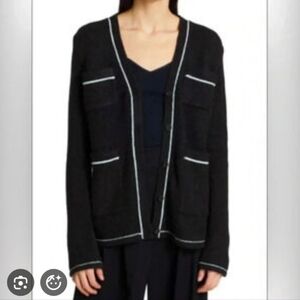 Theory Contrast-Trim Knit Cardigan In Light Taupe Melange Black medium